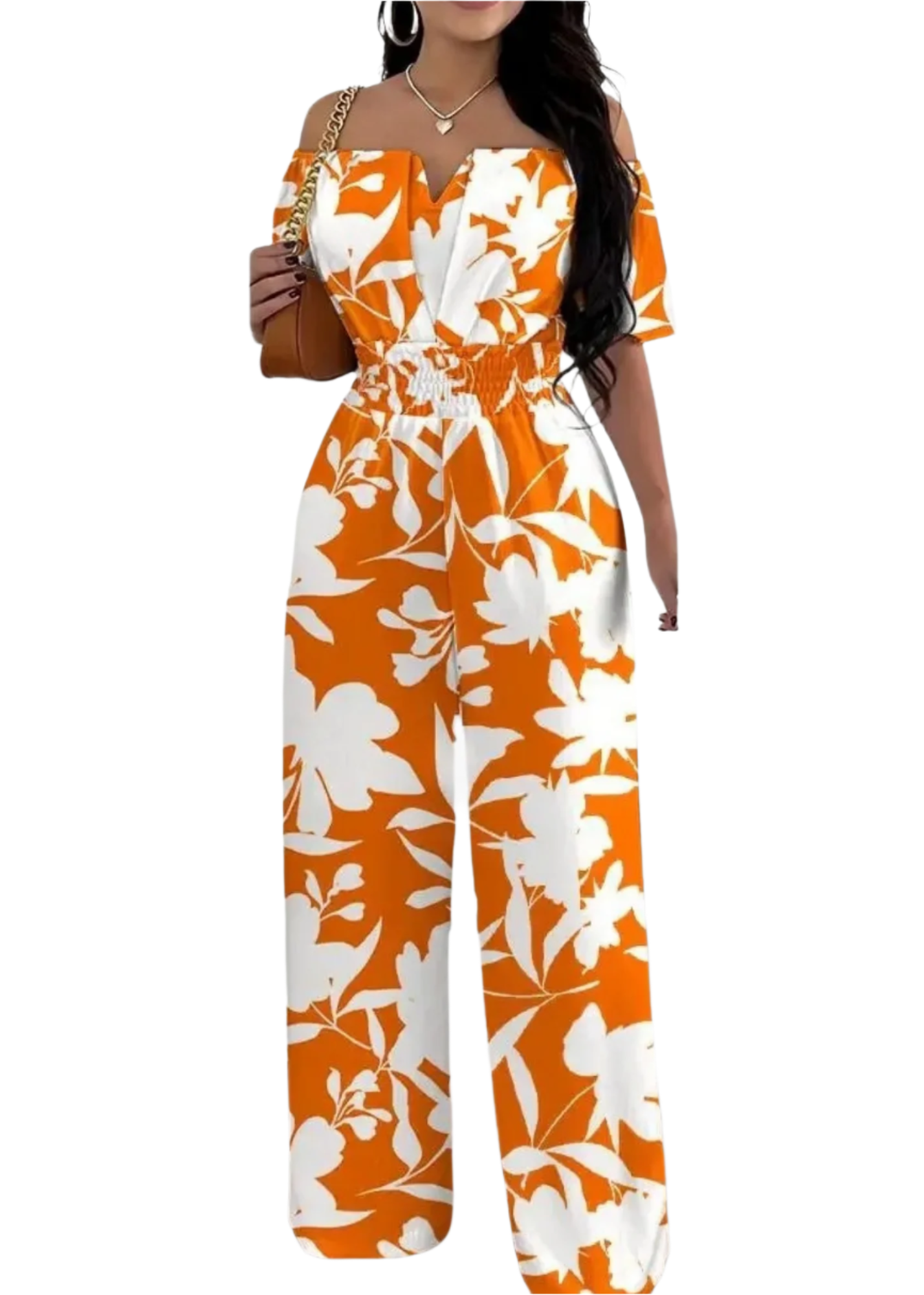 Amara | Off-Shoulder Sommer-Jumpsuit | Orange-weiße Blätter