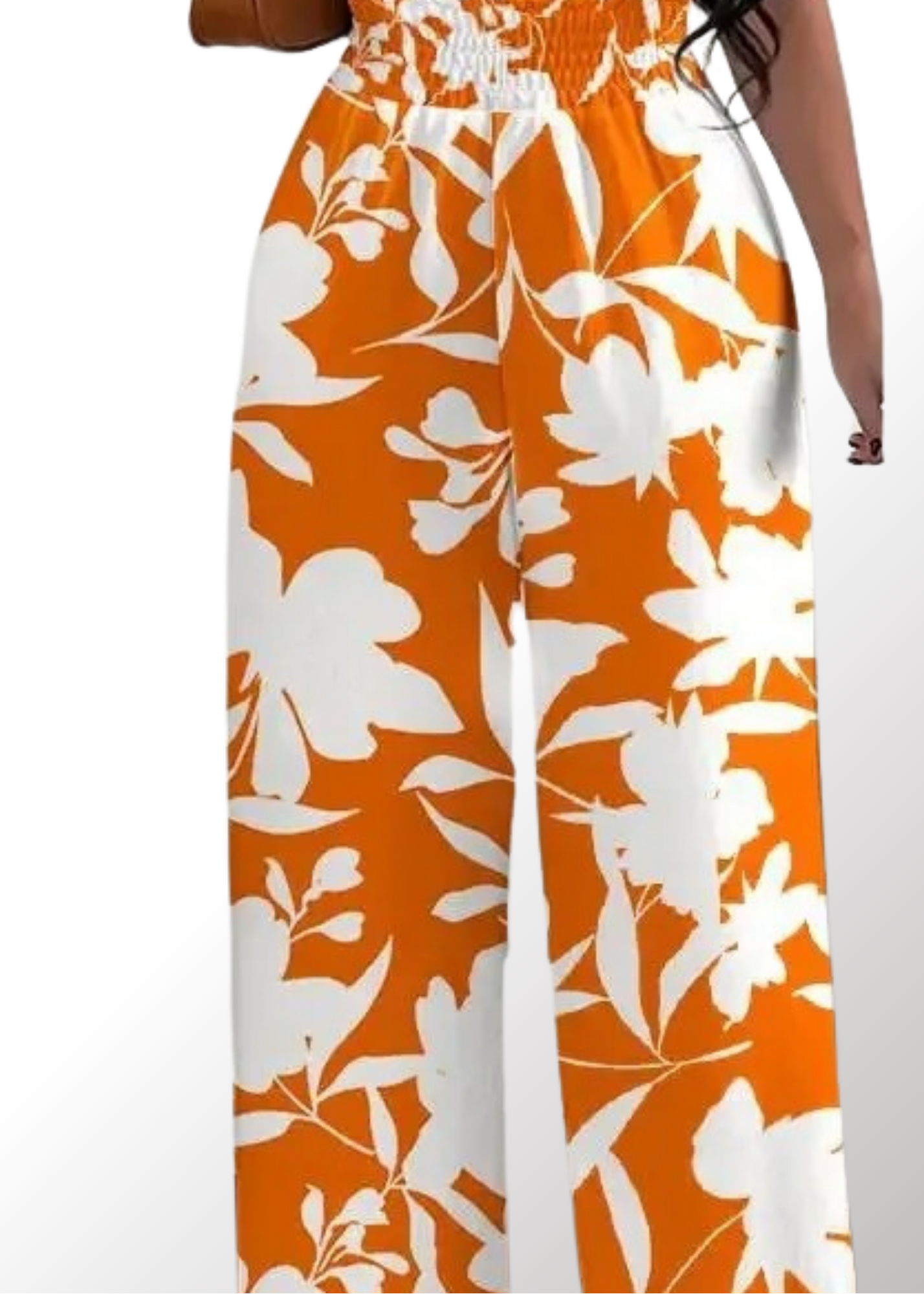 Amara | Off-Shoulder Sommer-Jumpsuit | Orange-weiße Blätter