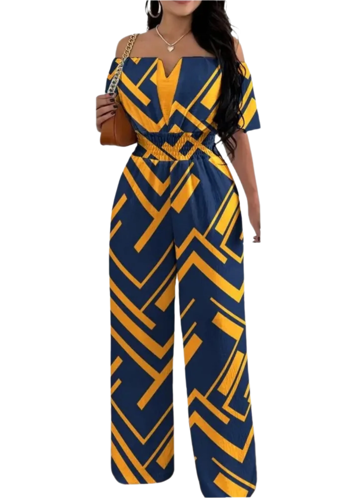 Amara | Off-Shoulder Sommer-Jumpsuit | Blau-Gelb gestreift