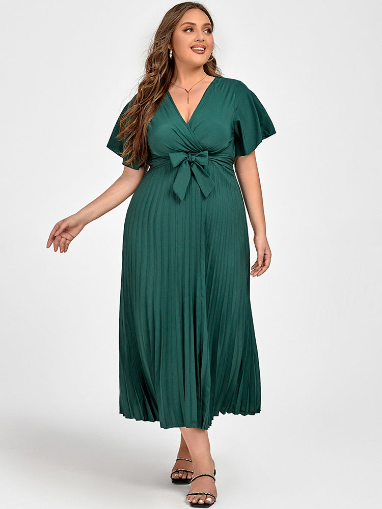 Grünes Rüschensleeve Wickel-Midi-Kleid