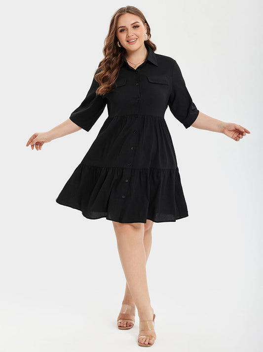 Button Front Ruffle Hem Shirt Dress