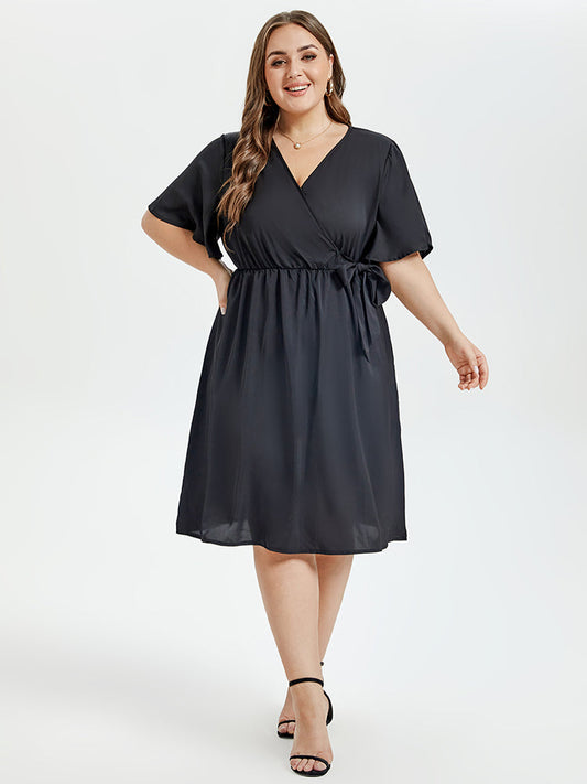 butterfly sleeve ruffle hem belted midi dress