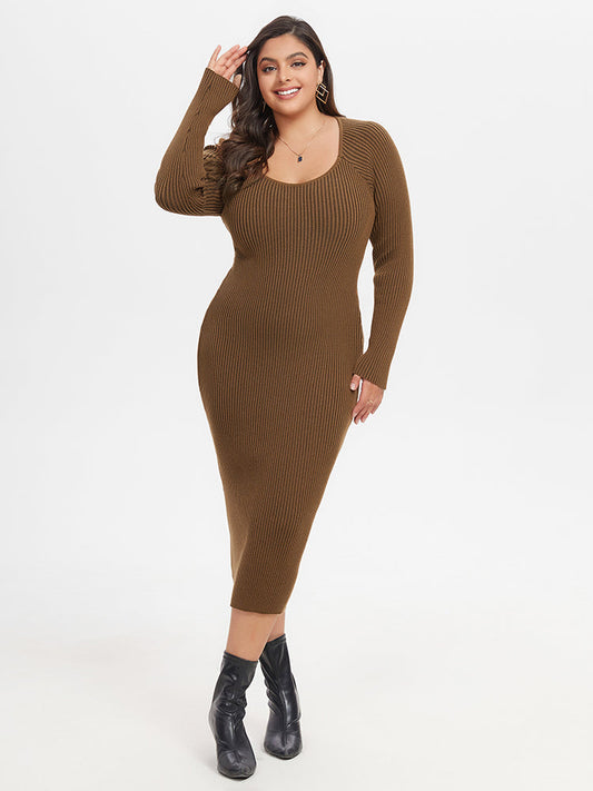 Square Neckline Knit Midi Dress