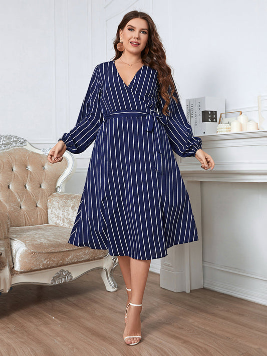 Blue Striped Wrap Midi Dress with Cross Strap 