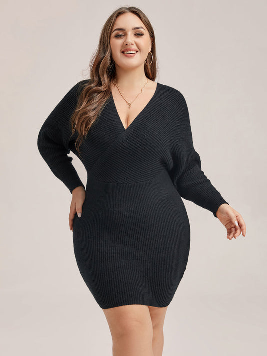 Einfärbiges V-Ausschnitt Bodycon Strickkleid