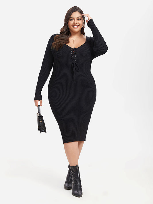 Lace-up Front Midi Sweater Dress