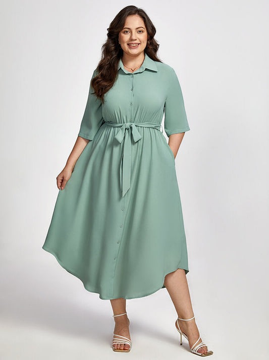 shirt collar pocket button belt dress 