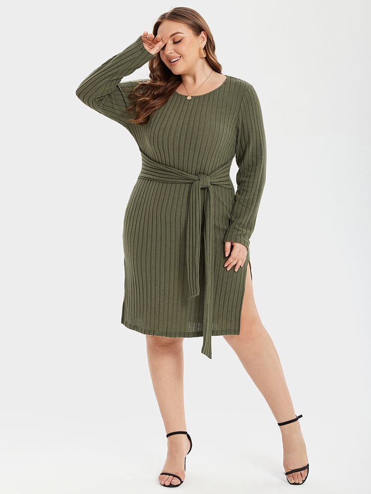 Knit Bodycon Pulloverkleid mit Bindeband & Seitenschlitz