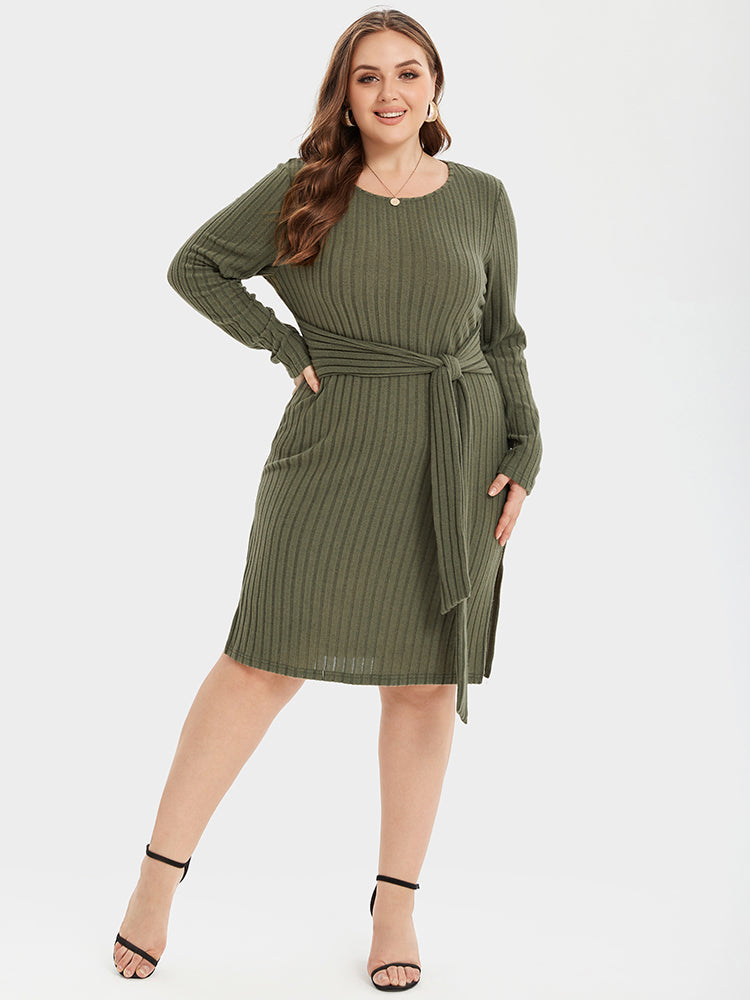 Knit Bodycon Pulloverkleid mit Bindeband & Seitenschlitz