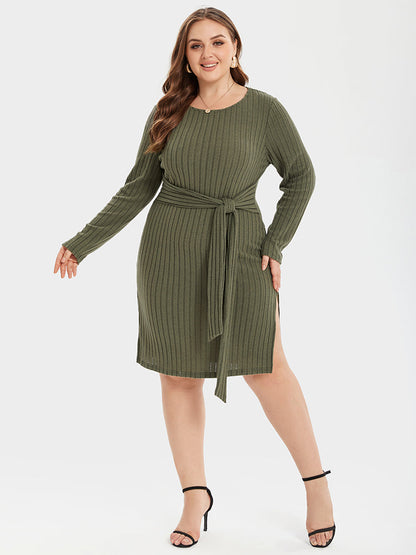 Knit Bodycon Pulloverkleid mit Bindeband & Seitenschlitz