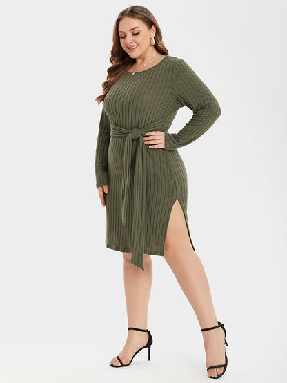 Knit Bodycon Pulloverkleid mit Bindeband & Seitenschlitz